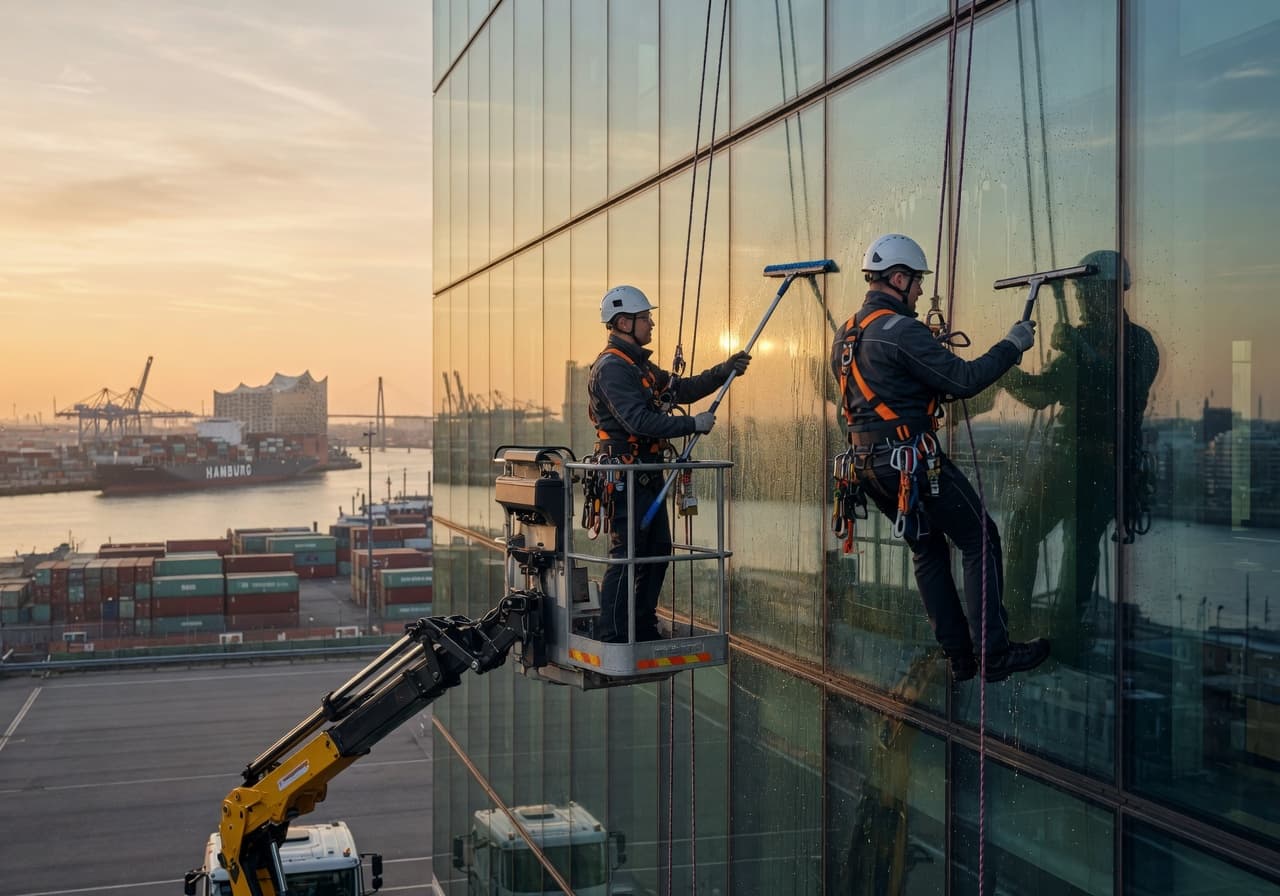 Glasfassadenreinigung Hamburg — Hubarbeitsbühne